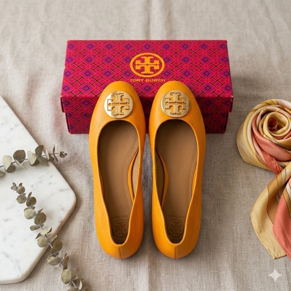 Tory Burch Chelsea Ballet Flats 7.5 Orange Citrine Leather New In Box NIB 143666